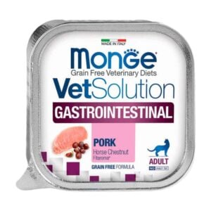 Lata de 100gr de Monge VetSolution Feline Gastrointestinal, alimento húmedo dietético para problemas digestivos en gatos.