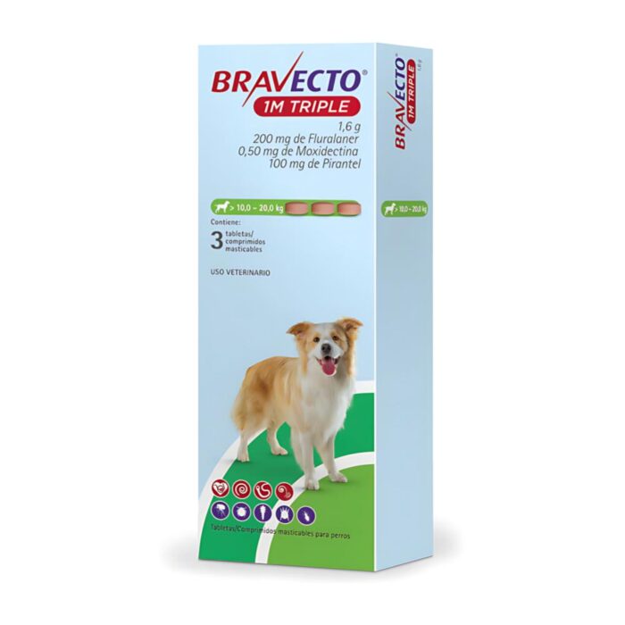 Bravecto 1M Triple 10 a 20kg x 3 tab (200mg) - Antipulgas perros