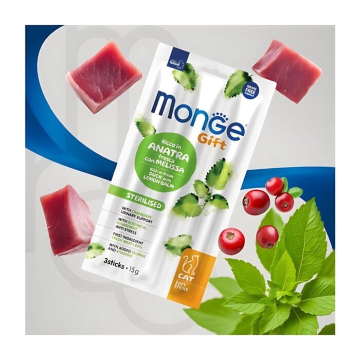 Monge Gift Soft Sticks Pato y Toronjil 15gr - Gatos castrados - Imagen 3
