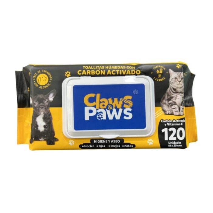Claws & Paws Toallitas Húmedas Carbón activado x 120un